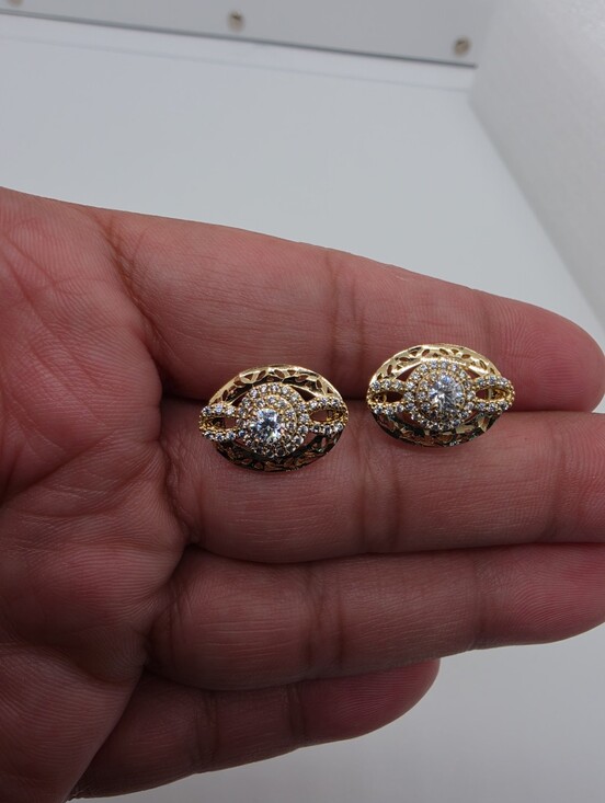 Jewelry - Gold Plated CZ Halo Stud Earrings Oval Filigree Crystal Statement Earrings